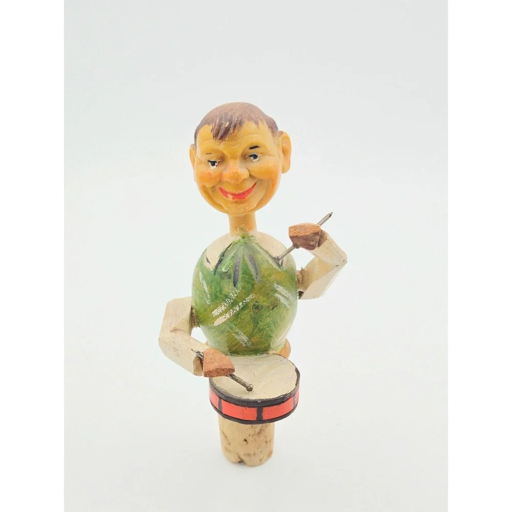 Vintage ANRI Italy Mechanical Wood Bottle Stopper Drummer Boy *Works